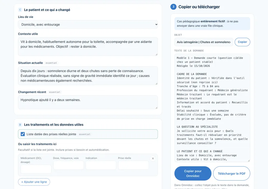 Demande courte remplie avec le cas fictif, texte prêt à coller dans Omnidoc