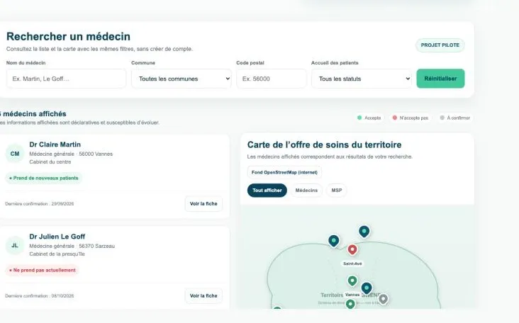 Recherche par commune et statut, carte du territoire